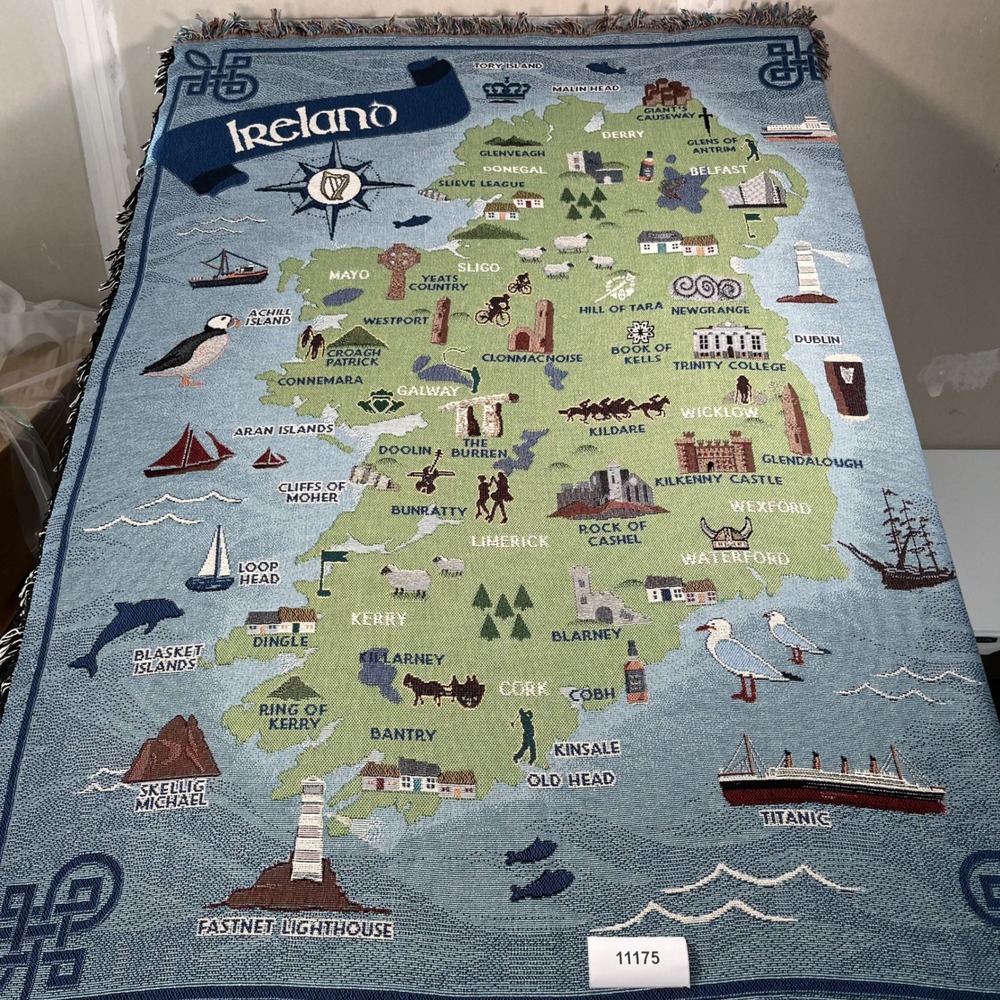 Loominations Ireland Map Woven Throw Blanket Cotton Tapestry 53x72 Blue Green